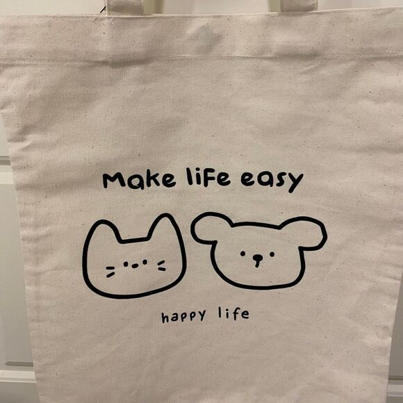 Make Life Easy Canvas Tote Bag. Off White. O/S. Snap Button For Closure. Kidcore - Picture 2 of 6
